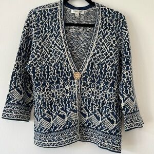 Coldwater Creek Blue & Ivory Cardigan with wooden button. Size Small.